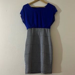 Enfocus Studio royal blue dress with short sleeve and polka dot skirt